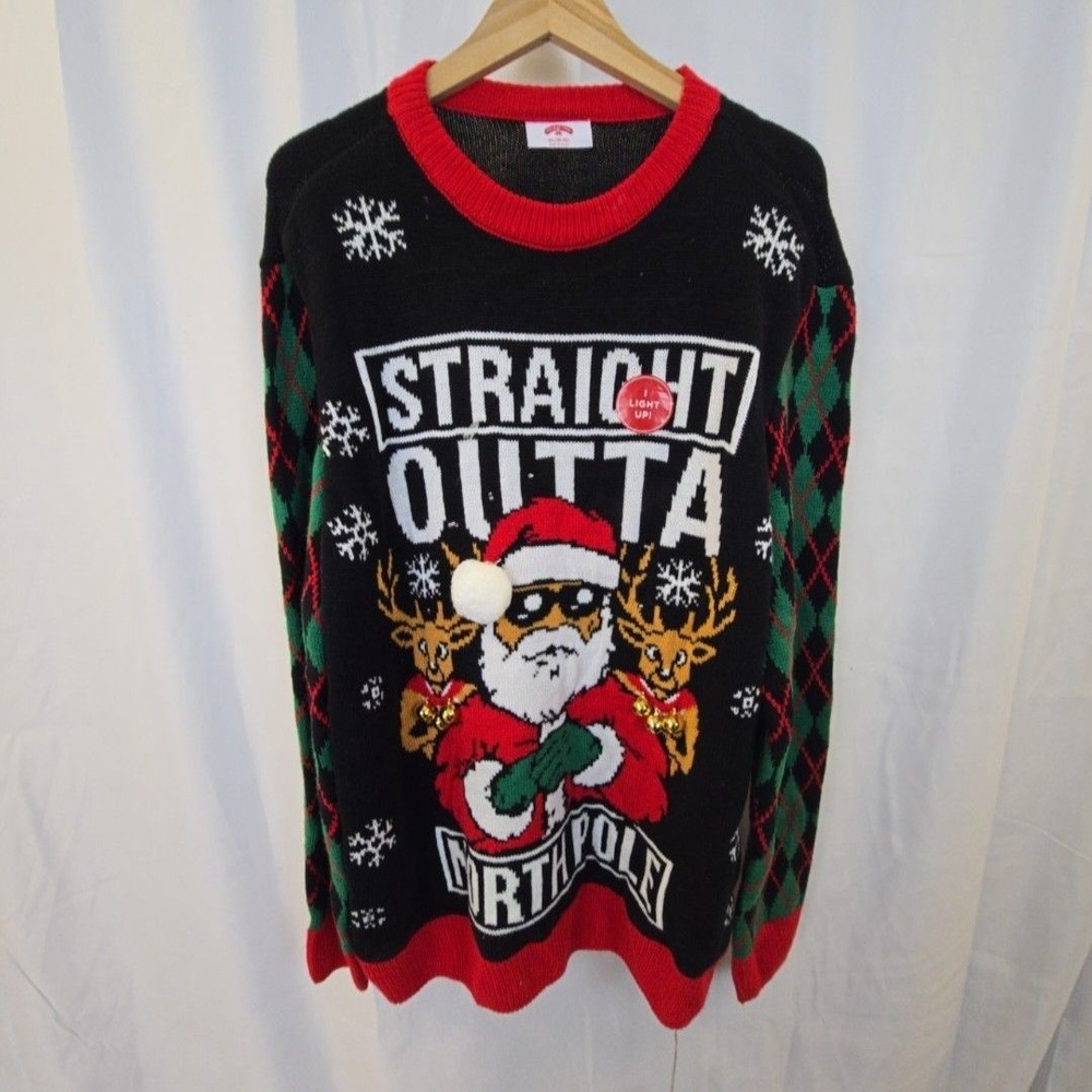 Holiday Time Sweater Mens 2XL Black Straight Outta North Pole Light Up Christmas